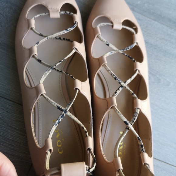 Coach Justine Leather Ghillie Lace Up Pointed Toe Ballet Flat in Nude - Picture 11 of 16